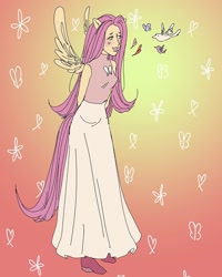 Size: 1080x1350 | Tagged: safe, artist:wacdonals, fluttershy, bird, pegasus, anthro, plantigrade anthro, g4, abstract background, arm behind back, clothes, dress, female, heart, solo