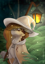 Size: 3307x4677 | Tagged: safe, artist:chrystal_company, oc, oc only, earth pony, pony, clothes, commission, earth pony oc, hat, lantern, outdoors, raised hoof, solo, tree, wizard hat, ych result