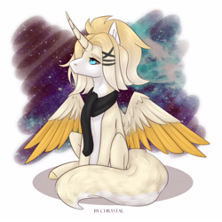 Size: 4252x4252 | Tagged: safe, artist:chrystal_company, oc, oc only, alicorn, pony, alicorn oc, clothes, colored hooves, horn, looking up, scarf, sitting, solo, space, spread wings, two toned wings, wings