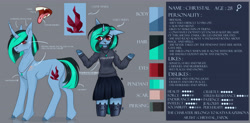 Size: 6378x3150 | Tagged: safe, artist:chrystal_company, oc, oc only, oc:nightmare chrystal, pony, unicorn, anthro, arm hooves, clothes, colored hooves, crystal, female, jewelry, mare, necklace, open mouth, reference sheet, shrug, skirt, tongue out, uvula