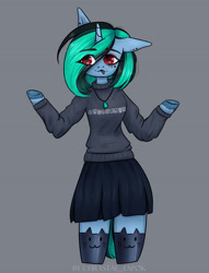 Size: 2047x2677 | Tagged: safe, alternate version, artist:chrystal_company, oc, oc only, oc:nightmare chrystal, unicorn, anthro, arm hooves, clothes, colored hooves, female, gray background, high res, jewelry, mare, necklace, shrug, simple background, skirt, solo, tongue out