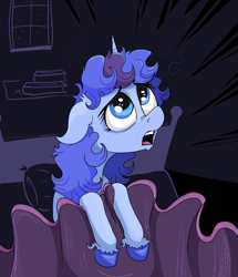 Size: 4197x4872 | Tagged: safe, artist:paskanaakka, derpibooru exclusive, oc, oc only, oc:midnight dew, pony, unicorn, bed, blanket, colored hooves, ear fluff, female, looking up, mare, solo