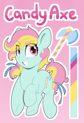 Size: 2672x3898 | Tagged: safe, artist:partypievt, oc, oc only, oc:candy axe, earth pony, pony, axe, high res, looking back, ponytail, reference sheet, ribbon, simple background, smiling, smirk, solo, underhoof, weapon, yandere