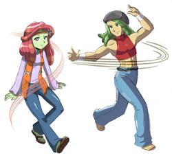 Size: 3399x3127 | Tagged: safe, artist:danmakuman, sandalwood, tree hugger, human, equestria girls, g4, abs, armpits, barefoot, clothes, costume, crack shipping, equestria girls-ified, feet, female, high res, hippie, jeans, male, midriff, pants, sandals, shipping, simple background, straight, treewood, white background
