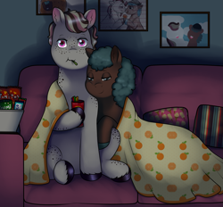 Size: 2445x2268 | Tagged: safe, artist:69beas, oc, oc only, oc:oliver, oc:theo, earth pony, pony, blanket, candy, chill, colored hooves, couch, couple, cushion, dark, digital art, duo, eating, food, frame, gay, high res, living room, male, picture, relaxed, shipping, sitting, snacks, stallion, watching tv