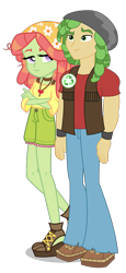 Size: 494x1073 | Tagged: safe, artist:limedazzle, artist:maretrick, edit, sandalwood, tree hugger, equestria girls, g4, clothes, crack shipping, crossed arms, equestria girls-ified, female, hippie, jewelry, male, necklace, pants, shipping, shoes, shorts, show accurate, simple background, smiling, straight, transparent background, treewood, vector