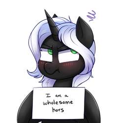 Size: 1588x1724 | Tagged: safe, artist:confetticakez, oc, oc only, oc:nethlarion, pony, unicorn, adorable distress, blushing, cute, irritated, male, scrunchy face, sign, simple background, solo, stallion, transparent background, tsundere