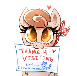 Size: 721x715 | Tagged: safe, artist:confetticakez, oc, oc only, oc:cinnamon spangled, pony, bandana, blushing, chest fluff, cute, female, mare, sign, simple background, solo, transparent background, wholesome