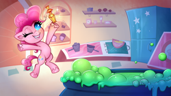 Size: 2560x1440 | Tagged: safe, artist:confetticakez, pinkie pie, earth pony, pony, g4, g4.5, my little pony: pony life, bipedal, biting, bread, cauldron, cute, diapinkes, female, food, g4.5 to g4, jumping, kitchen, muffin, one eye closed, potion, refrigerator, solo, tongue bite