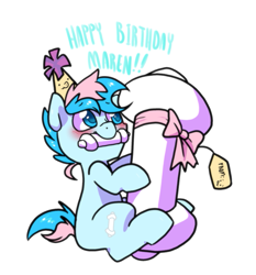 Size: 797x854 | Tagged: safe, artist:paperbagpony, oc, oc:blue chewings, oc:paper bag, earth pony, pony, birthday gift, blushing, chew toy, hat, male, party hat, stallion