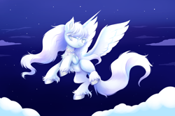 Size: 3000x2000 | Tagged: safe, artist:confetticakez, oc, oc only, alicorn, pony, cloud, cloudy, female, flowing mane, flying, high res, jewelry, mare, necklace, night, night sky, sky, solo, stars, unshorn fetlocks