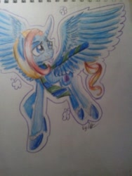 Size: 640x853 | Tagged: safe, artist:kiwwsplash, oc, oc only, alicorn, pony, alicorn oc, clothes, flying, glowing horn, horn, looking up, scarf, solo, spread wings, traditional art, wings
