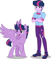Size: 3479x4000 | Tagged: safe, artist:orin331, twilight sparkle, alicorn, human, pony, equestria girls, g4, bowtie, clothes, crossed arms, cutie mark, cutie mark on clothes, dusk shine, equestria guys, grin, high res, human ponidox, looking at you, male, open mouth, open smile, pants, prince dusk, raised hoof, rule 63, self paradox, self ponidox, shadow, shirt, shoes, simple background, smiling, smiling at you, spread wings, stallion, transparent background, twilight sparkle (alicorn), wings
