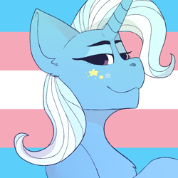 Size: 1024x1024 | Tagged: safe, artist:jayliedoodle, trixie, pony, unicorn, g4, bust, female, gender headcanon, lgbt headcanon, looking at you, mare, pride, pride flag, smug, solo, stars, trans female, trans trixie, transgender, transgender pride flag