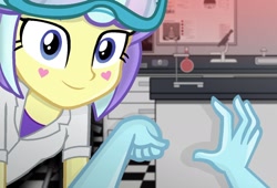 Size: 1280x869 | Tagged: safe, artist:grapefruitface1, kiwi lollipop, supernova zap, equestria girls, g4, base used, blue oyster cult, clothes, hand, k-lo, lab coat, laboratory, offscreen character, pov, show accurate