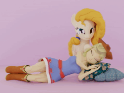 Size: 1024x768 | Tagged: safe, artist:bluest, applejack, pear butter, earth pony, pony, equestria girls, g4, 3d, 3d model, accessory, animated, applebetes, applejack's hat, bare shoulders, beautiful, bedtime, bittersweet, blender, blender cycles, bluest is trying to murder us, boots, clothes, cowboy hat, cute, cuteness overload, cycles render, daaaaaaaaaaaw, dress, eyes closed, fall formal outfits, feels, female, goodnight, hat, hnnng, jackabetes, looking at you, mare, missing accessory, mother and child, mother and daughter, no sound, patting, pearabetes, pillow, pink background, rubbing, rubbing hooves, sad, sadorable, shoes, simple background, sleeping, sleepy, sleeveless, sleeveless dress, smiling, smiling at you, smooth as butter, strapless, strapless dress, stroking, sweet dreams fuel, this will end in bed, this will end in bedtime stories, this will end in happiness, this will end in sleeping, weapons-grade cute, webm, wholesome