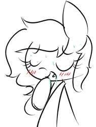 Size: 500x661 | Tagged: safe, artist:thesecretbackdoor, oc, oc only, oc:pencil scratch, earth pony, pony, blushing, earth pony oc, eyes closed, female, partial color, sweat