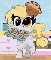 Size: 1745x2048 | Tagged: safe, artist:kittyrosie, derpy hooves, pegasus, pony, g4, blushing, cute, derpabetes, female, food, hat, kitchen, mare, mouth hold, muffin, oven, solo, that pony sure does love muffins, tray