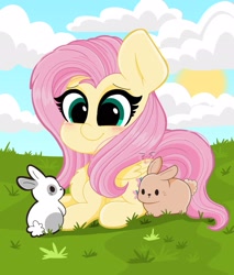 Size: 1745x2048 | Tagged: safe, artist:kittyrosie, fluttershy, pegasus, pony, rabbit, g4, animal, blushing, chest fluff, cloud, cute, female, mare, prone, shyabetes, solo