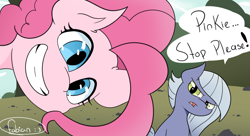 Size: 1980x1080 | Tagged: safe, artist:fabián art, limestone pie, pinkie pie, earth pony, pony, g4, cute, dialogue, diapinkes, duo, female, limestone pie is not amused, mare, pie sisters, rock farm, siblings, sisters, smiling
