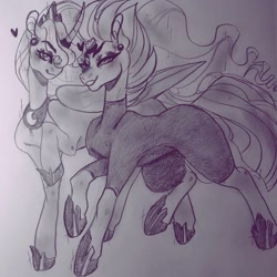 Size: 1073x1073 | Tagged: safe, artist:your_queen_artist, princess luna, tempest shadow, alicorn, pony, unicorn, g4, broken horn, female, heart, hoof shoes, horn, lesbian, mare, peytral, raised hoof, ship:tempestluna, shipping, smiling, traditional art