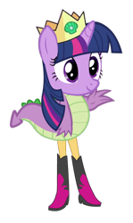 Size: 386x647 | Tagged: safe, spike, sunset shimmer, twilight sparkle, g4, abomination, crown, fusion, jewelry, legs, majestic as fuck, not salmon, regalia, simple background, smiling, standing, tail, transparent background, wat, waving, we have become one, what has science done