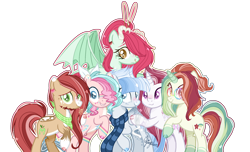 Size: 2016x1228 | Tagged: safe, artist:6-fingers-lover, oc, oc only, oc:fire ball, oc:lucky hoof (6-fingers-lover), oc:poison ivy, oc:smooth blue, oc:strong heart, oc:sugar cane, dracony, dragon, earth pony, hybrid, pegasus, pony, unicorn, female, interspecies offspring, magical lesbian spawn, mare, offspring, parent:applejack, parent:bulk biceps, parent:fluttershy, parent:pinkie pie, parent:princess ember, parent:princess skystar, parent:rainbow dash, parent:rarity, parent:sunset shimmer, parent:trouble shoes, parent:twilight sparkle, parents:embershy, parents:raribulk, parents:skypie, parents:sunsetdash, parents:troublejack, parents:twidash