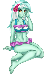 Size: 660x1020 | Tagged: safe, artist:bumblebun, lyra heartstrings, equestria girls, g4, barefoot, belly button, bikini, breasts, cleavage, clothes, feet, female, looking at you, lyra heartstrings swimsuit, sexy, simple background, sitting, smiling, solo, swimsuit, white background