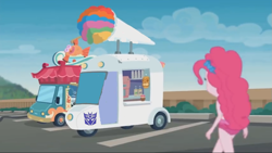 Size: 1199x674 | Tagged: safe, artist:electrahybrida, edit, edited screencap, screencap, pinkie pie, oc, oc:brain freeze, equestria girls, g4, my little pony equestria girls: better together, x marks the spot, beach, clothes, crossover, decepticon, parking lot, rollin' sushi truck, snowcone truck, swimsuit, transformers
