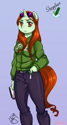 Size: 482x900 | Tagged: safe, alternate version, artist:cabrony, artist:pia-sama, oc, oc only, oc:sleepy face, unicorn, anthro, clothes, collaboration, cutie mark, digital art, female, freckles, hand in pocket, horn, looking at you, notebook, pants, solo, standing, sunglasses, sweater, tail
