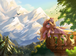 Size: 2760x2060 | Tagged: safe, artist:shady-bush, oc, oc only, bird, pegasus, pony, balcony, commission, female, high res, mare, mountain, scenery, solo