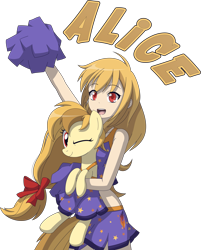 Size: 2513x3130 | Tagged: safe, artist:zacatron94, oc, oc:alice goldenfeather, human, pegasus, pony, cheerleader outfit, clothes, duo, high res, holding a pony, human ponidox, humanized, one eye closed, self paradox, self ponidox, simple background, transparent background, vector, wink