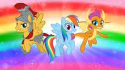 Size: 1280x719 | Tagged: safe, artist:andoanimalia, flash magnus, rainbow dash, smolder, dragon, pegasus, pony, g4, female, male