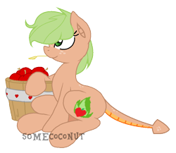 Size: 826x716 | Tagged: safe, artist:somecoconut, oc, oc only, oc:apple wildfire, dracony, hybrid, apple, apple basket, base used, dragon tail, female, food, freckles, interspecies offspring, mare, offspring, parent:applejack, parent:spike, parents:applespike, simple background, sitting, solo, straw in mouth, transparent background