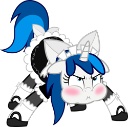 Size: 1721x1709 | Tagged: safe, artist:earth_pony_colds, oc, oc:feathertrap, pony, unicorn, :i, blushing, clothes, crossdressing, maid, male, not shining armor, puffy cheeks, show accurate, trap