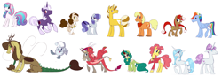 Size: 7472x2608 | Tagged: safe, artist:varwing, li'l cheese, princess flurry heart, oc, oc:apple jam, oc:athena (varwing), oc:berry brown, oc:clear, oc:glory, oc:ida red, oc:leaflitter, oc:pacifica rose, oc:purple dusk, oc:rainbow brush, oc:spring blossom, donkey, draconequus, dragon, earth pony, griffon, hybrid, kirin, pegasus, pony, unicorn, g4, the last problem, absurd resolution, concave belly, diverse body types, female, height difference, interspecies offspring, lanky, male, mare, offspring, older, parent:applejack, parent:bellhop pony, parent:discord, parent:donut joe, parent:fancypants, parent:flash sentry, parent:fleur-de-lis, parent:fluttershy, parent:rarity, parent:surprise, parent:trenderhoof, parent:twilight sparkle, parents:discoshy, parents:fancyfleur, parents:flashlight, parents:trenderjack, physique difference, round belly, side view, simple background, size difference, skinny, slender, stallion, tall, thin, white background