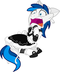 Size: 2007x2392 | Tagged: safe, artist:earth_pony_colds, oc, oc:feathertrap, pony, unicorn, clothes, crossdressing, femboy, high res, maid, male, open mouth, panicking, show accurate, trap