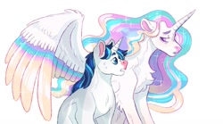 Size: 1280x712 | Tagged: safe, artist:mylittlegami, princess celestia, shining armor, alicorn, pony, unicorn, g4, chest fluff, colored wings, duo, female, male, mare, simple background, stallion, story included, white background, wings