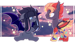 Size: 2682x1491 | Tagged: safe, artist:harmony bell, artist:rerorir, oc, oc only, bat pony, pony, base used, commission, female, looking at each other, male, mare, stallion, ych result