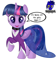 Size: 3840x4154 | Tagged: safe, artist:damlanil, twilight sparkle, alicorn, pony, g4, clothes, collar, comic, cute, cutie mark collar, dress, female, horn, latex, looking at you, makeup, mare, one-panel comic, raised hoof, rubber, see-through, see-through skirt, shiny, shiny mane, show accurate, simple background, skirt, solo, talking to viewer, transparent background, twiabetes, twilight sparkle (alicorn), vector, wings