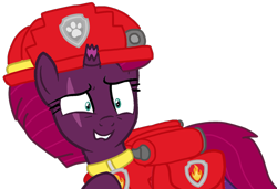 Size: 1422x975 | Tagged: safe, alternate version, artist:徐詩珮, fizzlepop berrytwist, tempest shadow, pony, unicorn, series:sprglitemplight diary, series:sprglitemplight life jacket days, series:springshadowdrops diary, series:springshadowdrops life jacket days, g4, alternate universe, background removed, bag, base used, broken horn, clothes, cute, eye scar, eyelashes, female, helmet, horn, mare, marshall (paw patrol), paw patrol, saddle bag, scar, simple background, solo, transparent background