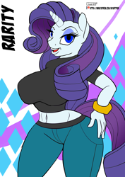 Size: 2048x2896 | Tagged: safe, artist:skyart301, rarity, unicorn, anthro, plantigrade anthro, g4, breasts, busty rarity, clothes, curvy, female, high res, jeans, looking at you, midriff, pants, shirt, short shirt, smiling, solo, t-shirt, wristband