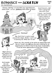 Size: 2200x3072 | Tagged: safe, artist:chopsticks, octavia melody, rarity, earth pony, pony, unicorn, comic:romance from scratch, g4, background pony, carousel boutique, cheek fluff, chest fluff, comic, darling, dialogue, ear fluff, female, glasses, glowing horn, grayscale, high res, horn, implied vinyl scratch, ironing, levitation, magic, magic aura, mare, monochrome, scissors, telekinesis, text, this will end in fashion, unshorn fetlocks