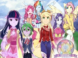 Size: 1080x810 | Tagged: safe, artist:kurabittonia_chan, applejack, fluttershy, pinkie pie, rainbow dash, rarity, spike, twilight sparkle, human, fanfic:remembrance, g4, :o, clothes, crown, eyes closed, fanfic art, female, flying, humanized, jewelry, male, mane seven, mane six, mountain, open mouth, outdoors, regalia, signature, smiling, winged humanization, wings