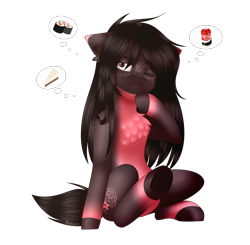 Size: 2040x2000 | Tagged: safe, artist:hicoojoo, oc, oc only, oc:elise oliver, earth pony, pony, cake, coca-cola, female, food, high res, mare, solo, sushi, thought bubble