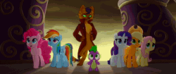 Size: 1912x804 | Tagged: safe, screencap, applejack, capper dapperpaws, fluttershy, pinkie pie, rainbow dash, rarity, spike, abyssinian, dragon, earth pony, pegasus, pony, unicorn, g4, my little pony: the movie, animated, behaving like a weapon, beware the nice ones, cackling, chest fluff, clothes, dragonfire, fangs, female, fire, fire breath, green fire, horn, immolation, laughing, male, mare, on fire, sound, storm guard, webm, you know for kids, zippo spike