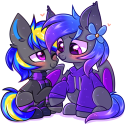 Size: 3000x3000 | Tagged: safe, artist:pesty_skillengton, oc, oc only, oc:grey, oc:rapid shadow, bat pony, pony, unicorn, blushing, clothes, couple, cute, ear fluff, eyes closed, flower, flower in hair, freckles, gay, heart, heart eyes, high res, hoodie, looking at each other, male, oc x oc, rapid x grey, scarf, shipping, socks, striped socks, wingding eyes, wings