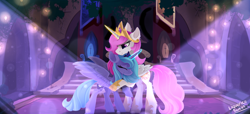 Size: 3500x1600 | Tagged: safe, artist:liquorice_sweet, princess celestia, princess luna, alicorn, pony, g4, accessory, castle of the royal pony sisters, cute, ear fluff, embrace, everfree forest, female, hug, leg fluff, night, royal sisters, siblings, sisters, throne, throne room