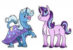 Size: 1900x1320 | Tagged: safe, artist:datwhoolsumcartunist, starlight glimmer, trixie, classical unicorn, pony, unicorn, g4, cape, chest fluff, clothes, cloven hooves, horn, leonine tail, pale belly, trixie's cape, unshorn fetlocks