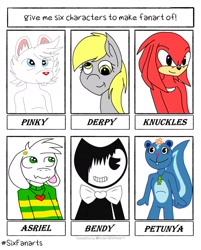 Size: 1620x2016 | Tagged: safe, artist:bestsmithisthe, derpy hooves, echidna, goat, mouse, pegasus, pony, skunk, anthro, g4, anthro with ponies, asriel dreemurr, bendy and the ink machine, bust, clothes, crossover, female, flower, flower in hair, happy tree friends, knuckles the echidna, male, mare, petunia (happy tree friends), pinky and the brain, six fanarts, smiling, sonic the hedgehog, sonic the hedgehog (series), undertale